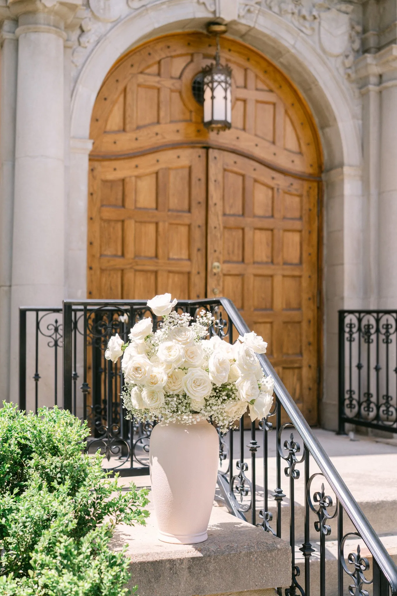 Bridal bouquet of white roses and baby's breath