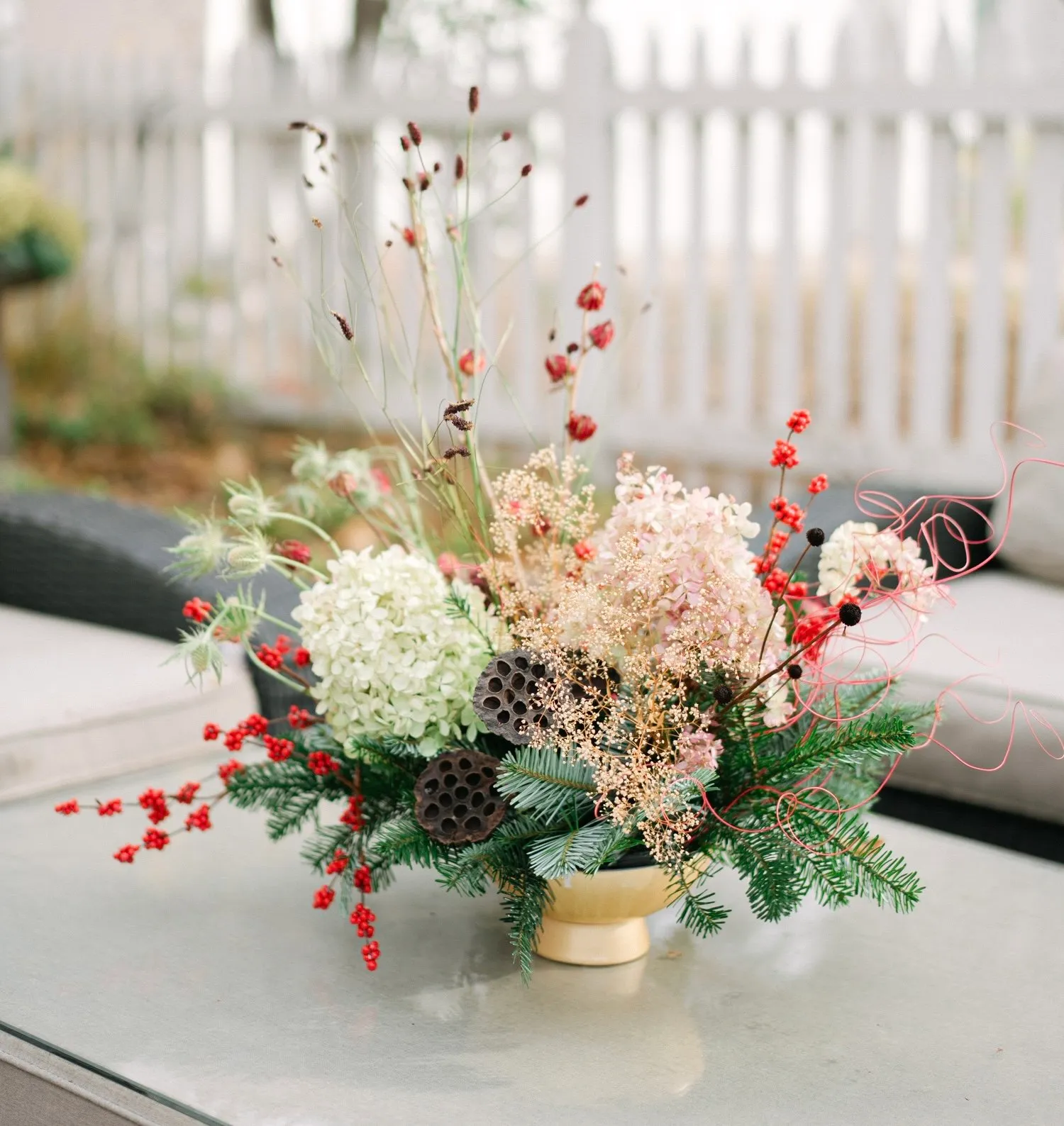 Outdoor holiday floral installation